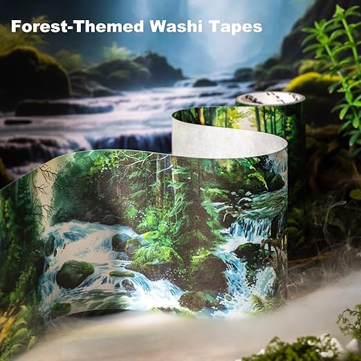 Forest-Themed Seamless Washi Tape Scrapbook Kit – 6 Rolls with Cottage, Waterfall & Fairy Forest Designs for Journaling, DIY Crafts, Gift Wrapping, Card Making and Decoration