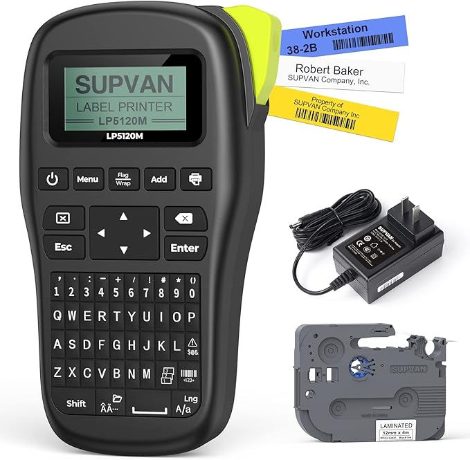 SUPVAN LP5120M Label Maker Machine with Keyboard & AC Adapter, Waterproof Thermal Transfer Label Printer with Ik+ Icons for Garage, Home, Office Organization