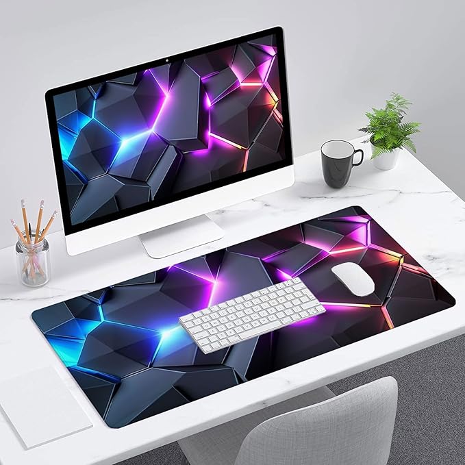 Neon 3D Geometry Desk Pad Mouse Pad Colorful Crack Cool Extended Gaming Mouse Pad Mat with Stitched Edge Non-Slip Base Big Mouse Pad Office Computer Keyboard Laptop Home 31.5"x11.8"