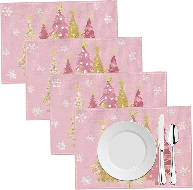 Christmas Placemats Flax Xmas Tree Snowflake Bright Table Mats Set of 4 Seasonal Winter Christmas Home Decor for Party Kitchen Dining Room, 12x18 Inch