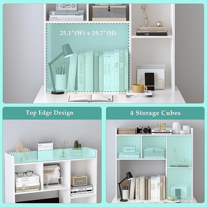 Wooden Desktop Hutch Bookshelf - Free Standing Desk Storage Shelf with Top Edge for Computer Desk, Desktop Bookcase for Dorm, Home or Office, Countertop Organizer, White, 37.4"