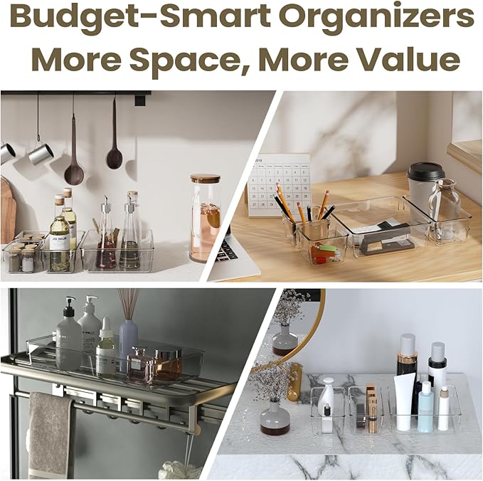 15 PCS Clear Plastic Drawer Organizer Set, 4 Sizes Acrylic Drawer Storage Trays Non Slip Storage Bins for Makeup, Jewelry, Gadgets for Kitchen, Bedroom, Bathroom, Office