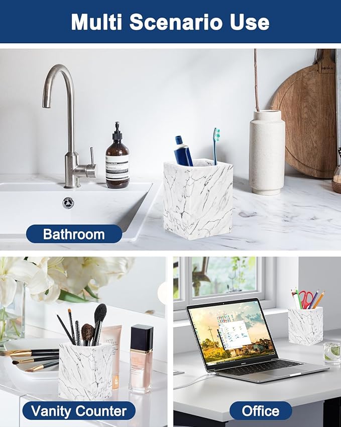 Marble Pencil Pen Holder for Desk, Multi-Functional Pen Cup Pencil Holder for Office School Supplies Storage, Makeup Brush Holder for Home and Office (Cuboid-White)