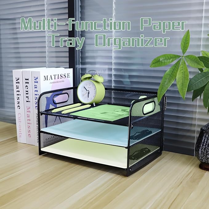 Paper Letter Tray with Handle, 3 Tier Metal Mesh Desk File Organizer, A4 Paper Desktop Filing Trays, Desk Tidy Magazine Document Holder for Home Office, Black