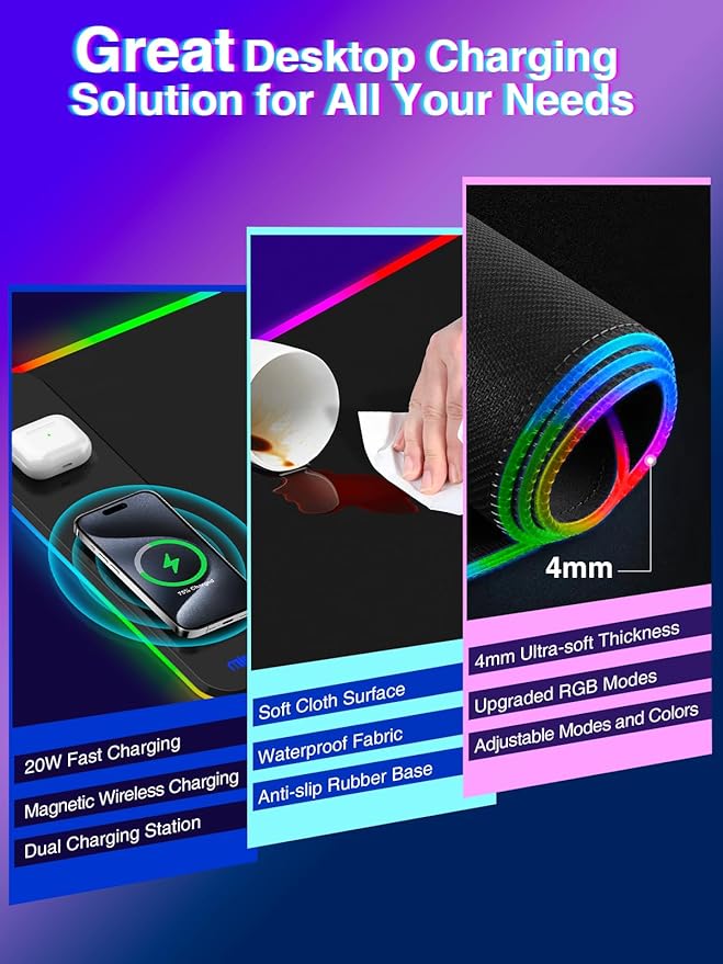 Magnetic RGB Gaming Mouse Pad 31.5x15.75 Inch, 15W Fast Wireless Charging Desk Mat, XXL Desk Pad with 11 RGB Lighting Modes, Home Office Large Keyboard Pad with Ultra-Smooth Surface, Non-Slip Base