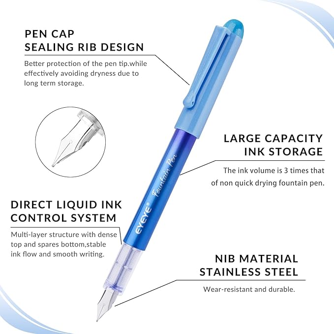 EYEYE Disposable Fountain Pens for Writing, Medium Point Stainless Steel Nib, Pack of 8 Assorted Colors