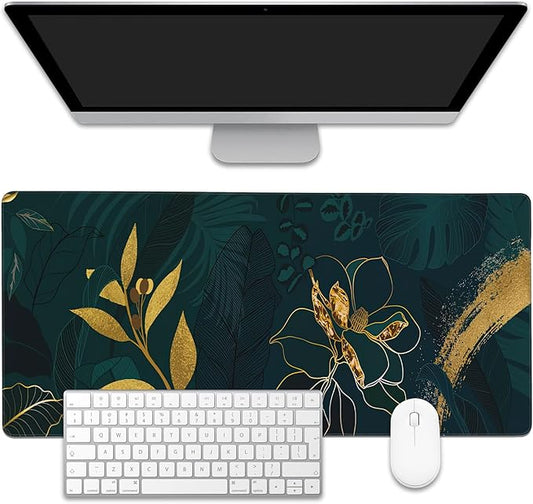 Luxury Green Summer Desk Mat,Large Gaming Mouse Pad,Non-Slip Rubber Base Desk Pad with Stitched Edges for Desk Office Home Decor 35.4X15.7 Inch