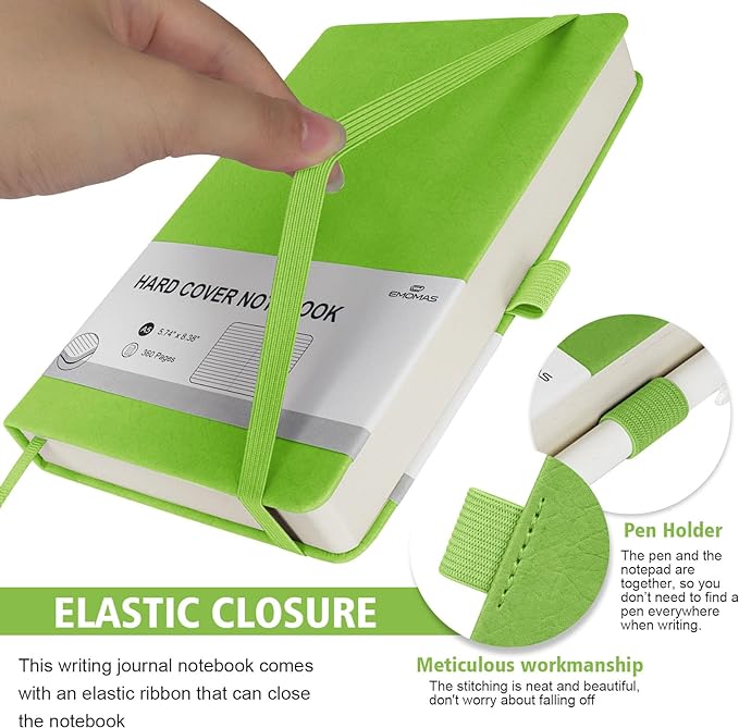 Lined Journal Notebook, 360 Numbered Pages(With page number), Thick Journal for Writing A5 College Ruled Notebook, 100gsm Lined Paper, Leather Hardcover, 5.75'' X 8.38''-1 Pack, Grass Green