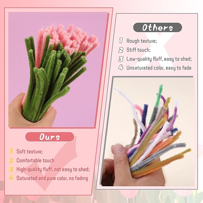 UzecPk Pink Pipe Cleaner Flower Kit Pipe Cleaner Flowers Pipe Cleaners Bulk Green Pipe Cleaners Chenille Stems Set with Floral Wire Instructions for DIY Art and Craft Projects Creative(15 Flowers)