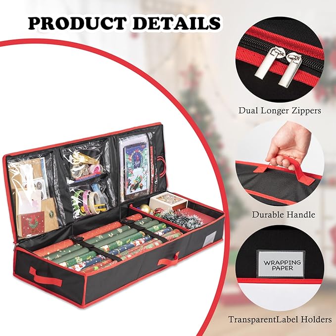 Wrapping Paper Organizer Storage for Christmas Gifts Wrapping Paper Storage, 600D Oxford Fits Ribbon, Ornaments, Holiday Accessories Flexible Partitions and Pockets （Black）