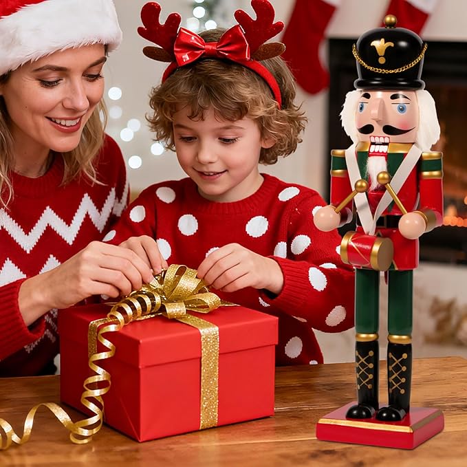 Nutcracker Christmas Decor, 14" Wooden Nutcracker Soldier Christmas Decoration Home Mantle Table Fireplace Christmas Ornaments for Festival Party (14" Black Hat Durm Nutcracker)