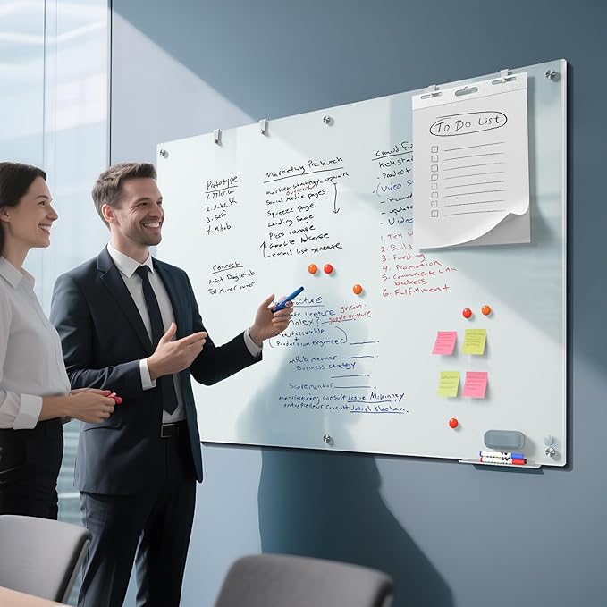 MaxGear Glass White Board 60x40 Inches, Wall Mounted Magnetic Glass Dry Erase Board, Large Frameless Whiteboard with 1 Eraser,3 Markers and 6 Magnets for Office, School, Home