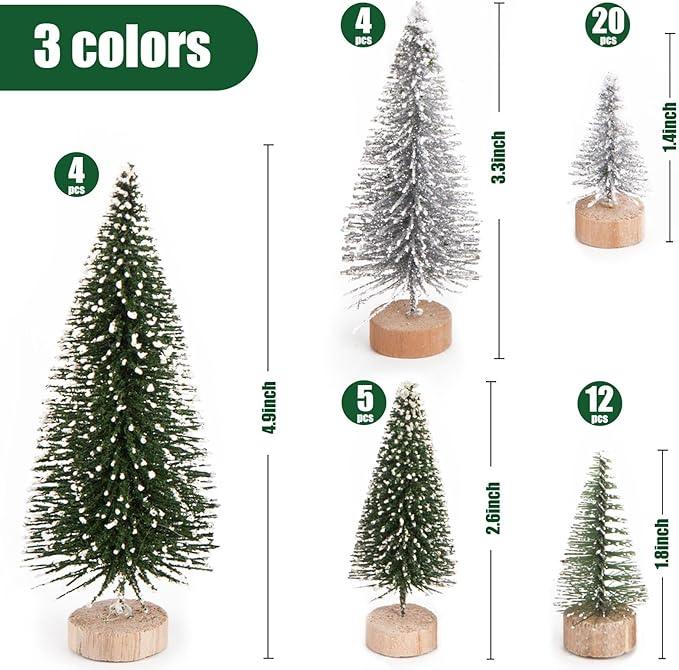 LOVEINUSA 45PCS Colorful Mini Christmas Trees, Snow Frosted Sisal Trees Colored Bottle Brush Xmas Trees with Wooden Base for Xmas Winter Home Table Decoration
