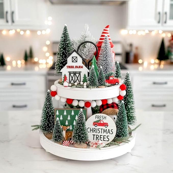 LOVEINUSA 45PCS Colorful Mini Christmas Trees, Snow Frosted Sisal Trees Colored Bottle Brush Xmas Trees with Wooden Base for Xmas Winter Home Table Decoration