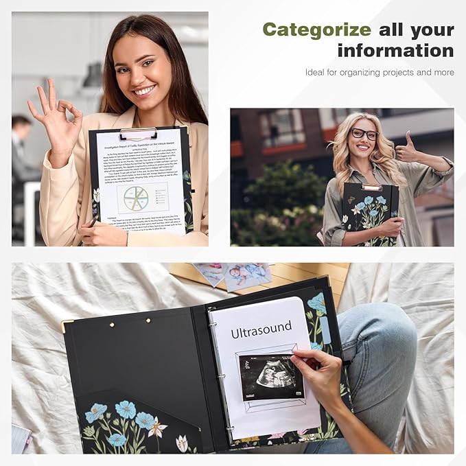 Ospelelf 3 Ring Binder 1/2 Inch, Floral Round Ring Clipboard Thin Binder with 5 Tab Dividers for Letter Size Documents, for School and Office Supplies, Moonlit Blossoms