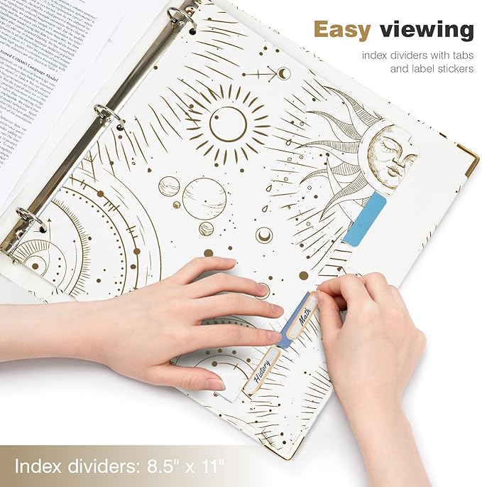 Ospelelf 3 Ring Binder, 1 Inch, Cute Letter Size (11" x 8.5") with 5 Tab Dividers, File Folder Labels and Low Profile Clipboards, Tarot Cards Binder for School and Office Supplies