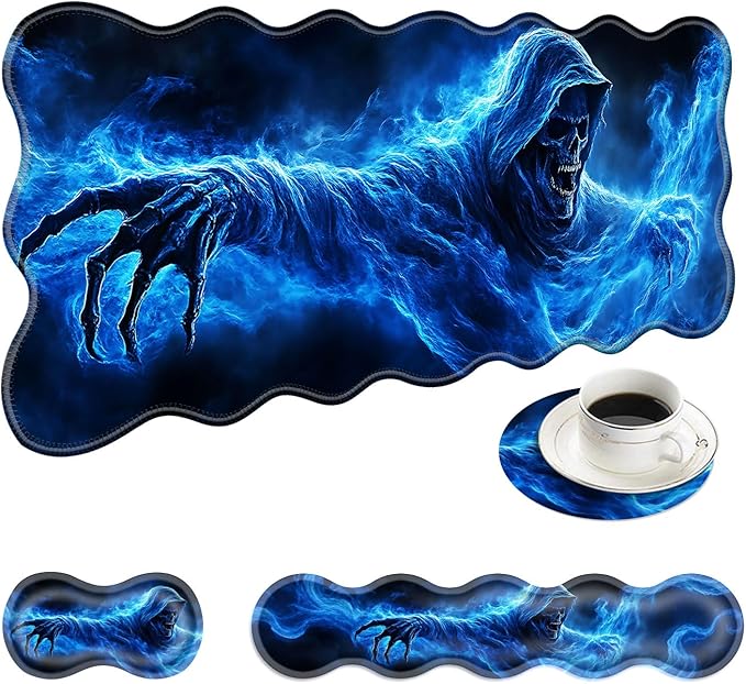 Large Mouse Pad and Keyboard Wrist Rest, Desk Pad for Keyboard and Mouse, 4-in-1 Large Gaming Mouse Pad with Wrist Support, Desk Mat for Home Office Study Game-Smoke Skull