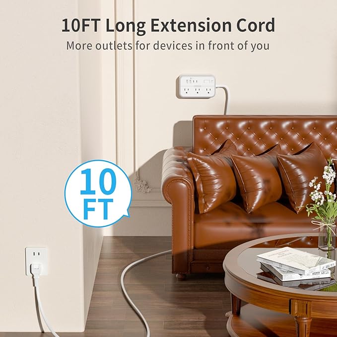 NTONPOWER 10FT Extension Cord with Surge Protector, 2 Prong to 3 Prong Adapter, 1875W Power Strip with 4 USB Ports (2 USB C), Wall Mount Flat Plug Extension Cord for Old House