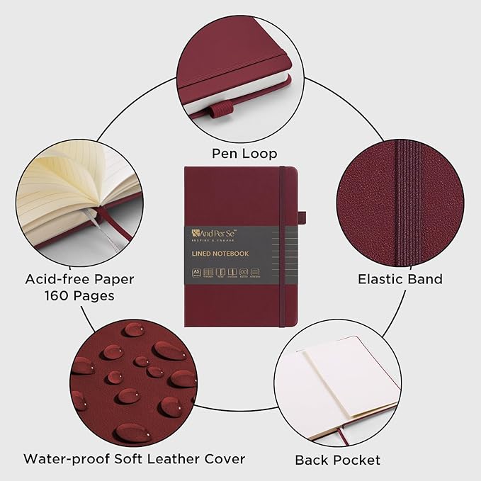 &And Per Se Lined Journal Notebook, 160 Pages, A5 5.7 x 8 inches College Ruled Thick Paper Notebook Journals for Writing, Hardcover Notebooks for Women Men Office School (1 Pack, Dark Red)