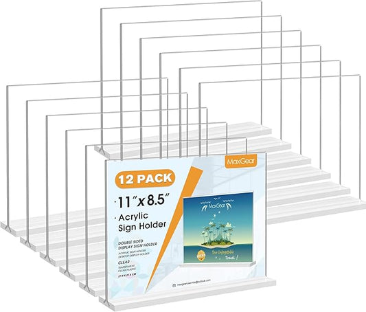 MaxGear 8.5 X 11 Acrylic Sign Holder Horizontal 12Pack, Double Sided Display Stand, Clear Table Sign Holders Flyer Menu Holders, Plastic Paper Holder Picture Frame for Office, Store, Restaurant