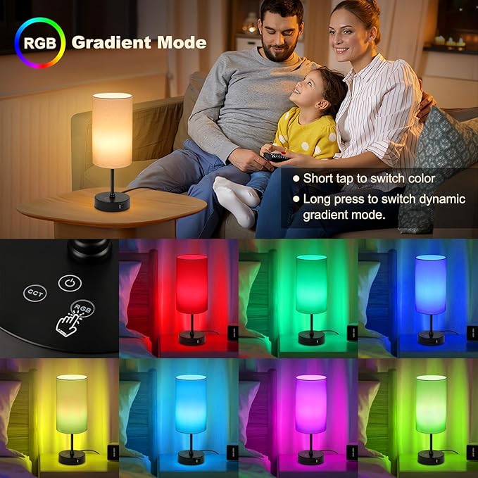 Unicozin Small Table Lamp, 3 CCT 3000K/4500K/6500K & RGB Color Changing, Stepless Dimmable Bedside Lamp for Reading, Touch Control Ambience Nightstand Light for Home Decor Party, Cream Shade