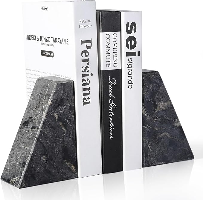 Marble Bookends for Heavy Books, Decorative Book Ends for Shelves, Titanium Black Stone Durable and Heavy-Duty Book Ends for Hardback Books & CDS, Unique Book Stopper & Holder, Set of 2
