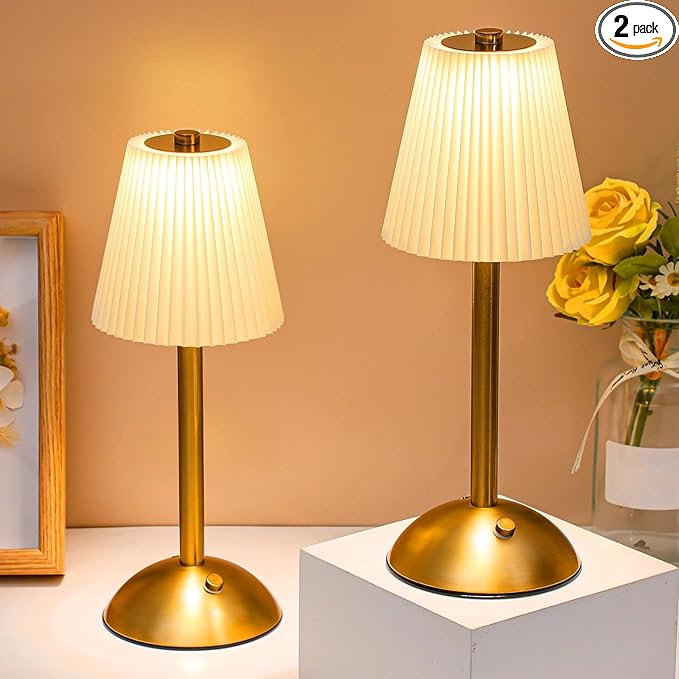 Liliful 2 Pcs LED Portable Cordless Table Lamp Touch Battery Operated Rechargeable Gold Desk Lamp 3 Color Dimmable for Bedroom Living Room Dining (Gold,Beige Cloth Style)