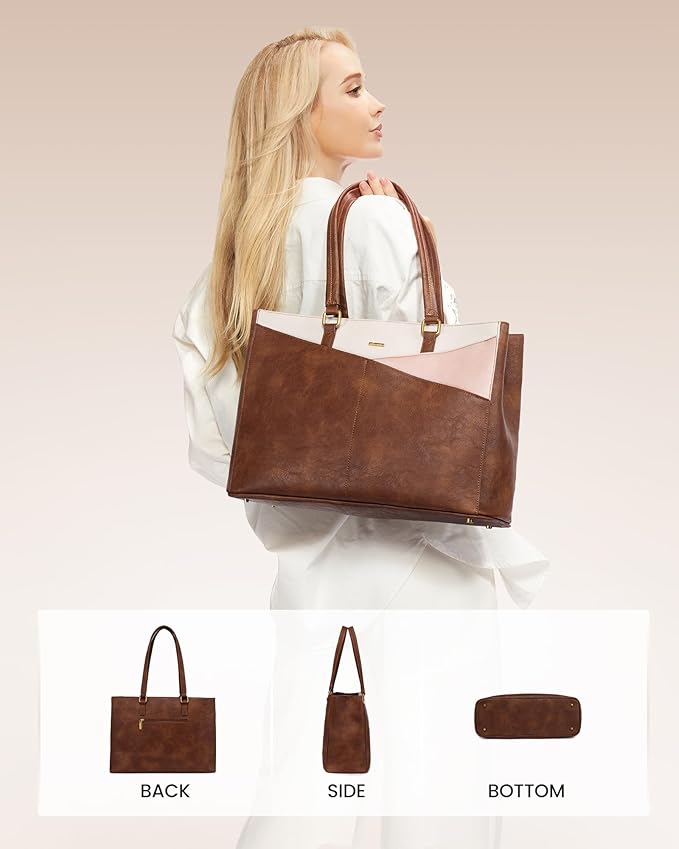 LOVEVOOK Laptop Bag for Women,15.6 Inch Laptop Tote Bag for Women,Vintage Leather Work Tote Bags Computer Teacher Bag,Waterproof Business Bag Office Briefcase