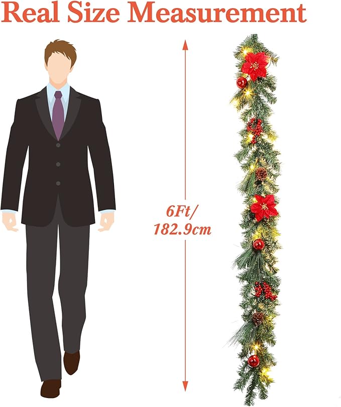 LinTimes 6ft Christmas Garland with Lights, Battery Operated Garland Christmas Decoration with Red Poinsettia Pinecones Ball Ornaments, Christmas Mantle Decorations Staircase Fireplace Decor