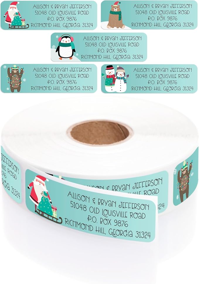 Whimsical Christmas Rolled Address Labels / 500 Personalized Return Address Labels/Designer Address Stickers in Elegant Plastic Dispenser