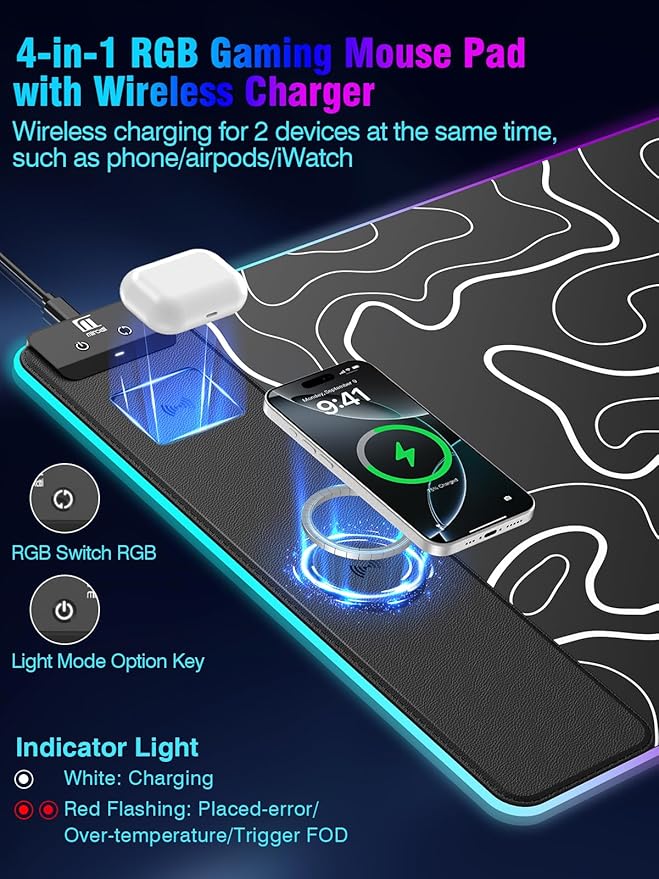 Mouse Pad with Magnetic Wireless Charging, Large Desk Pad Protector, RGB Black Mousepad Desk Mat with 15W Fast Charger, 4mm Thick Non-Slip, Waterproof Laptop Writing Pad for Office, Home, Gaming