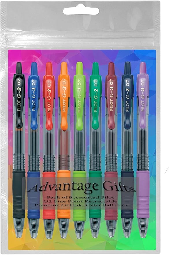 G2 Retractable Premium Gel Ink Roller Ball Pens Fine Point Fine Point (.7mm) Assorted Colors Ink 9-pk; Refillable & Premium Comfort Grip Bundle with Plastic Reusable Pouch