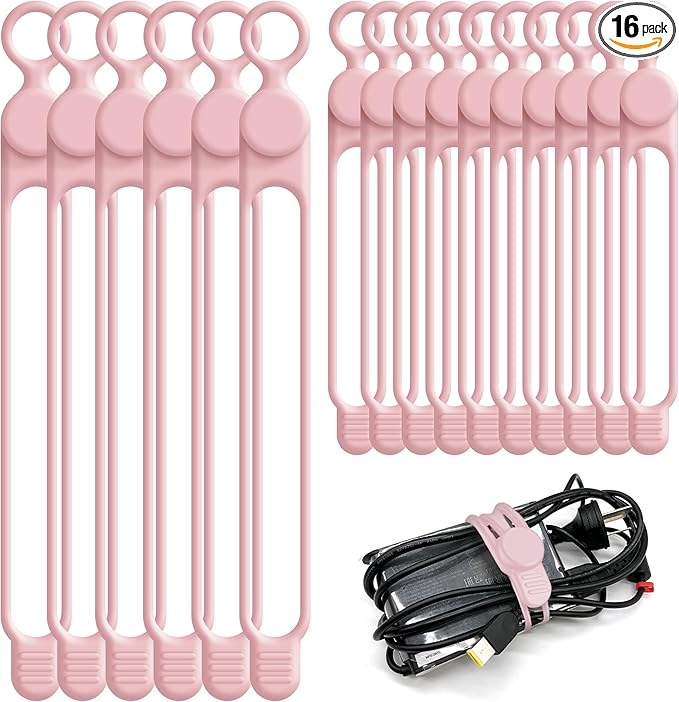 Nearockle Silicone Cable Ties Cord Organizer for Cable Management, 16PCS 4.2" and 7.1" Reusable Cable Organizer Electronic Accessories for Home, Office, Kitchen, School, Travel (Pink)