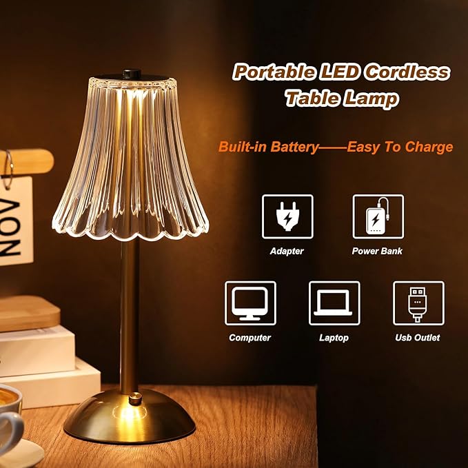 Liliful 8 Pcs LED Portable Cordless Table Lamp Touch Battery Operated Rechargeable Gold Desk Lamp 3 Color Dimmable for Bedroom Living Room Dining (Gold,Rose Style)