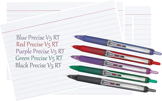Precise V5 RT Retractable Rolling Ball Pens, Extra Fine Point (.5mm), Assorted Colors Black/Blue Ink, 6-pk; Premium Comfort Grip, Bundle with Plastic Reusable Pouch