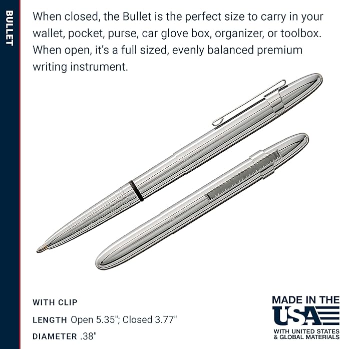 Fisher Space Pen Chrome Bullet Pen, Ballpoint, Brass, Black Ink, Pocket Clip, Gift Box