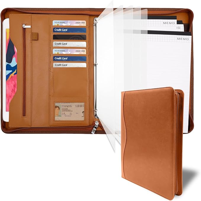 Padfolio Portfolio Folder Binder-Organizer Planner Notebook Zippered Portfolio Padfolio for Women & Men with Document Sleeve,Letter/A4 Size Clipboard,Business Card Holders (Brown-3)