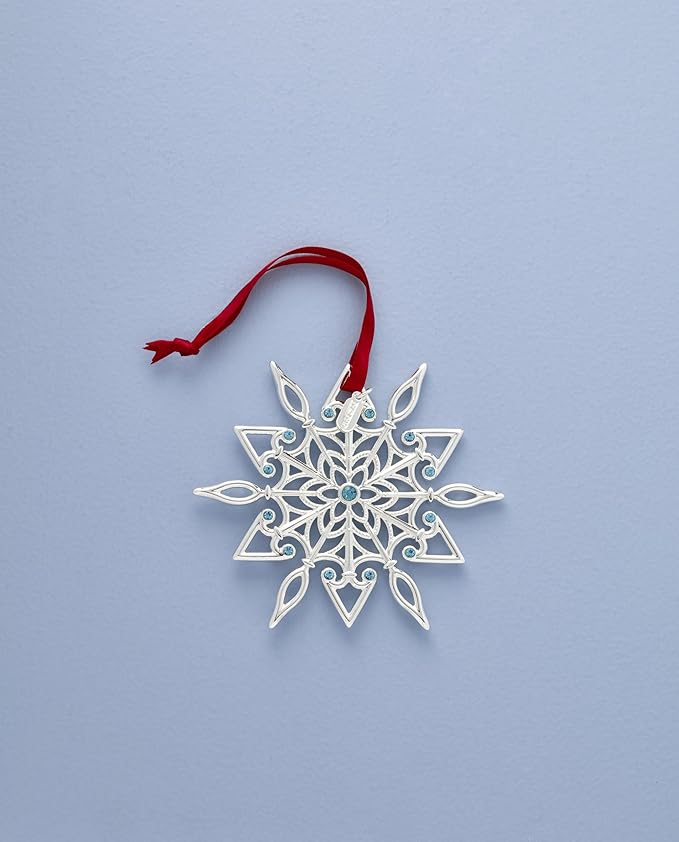 Lenox Ornament, 2025 Snow Majesty Silverplate Ornament, Stainless Steel Christmas Tree Decoration, Snowflake Design, Blue Jeweled Accents, Red Ribbon for Hanging, Christmas Decoration(Silver, 1 Piece)