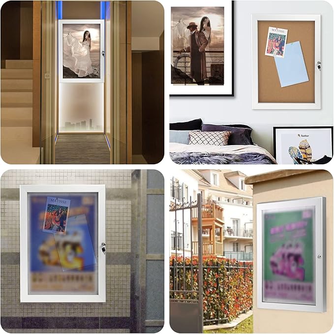 Locking Enclosed Bulletin Board Aluminum Cork Memo Board Wall Mount Noticeboard with Rubber Seal Tamperproof Single Door Display Case for Indoor Or Outdoor Use, 26.8×20 in