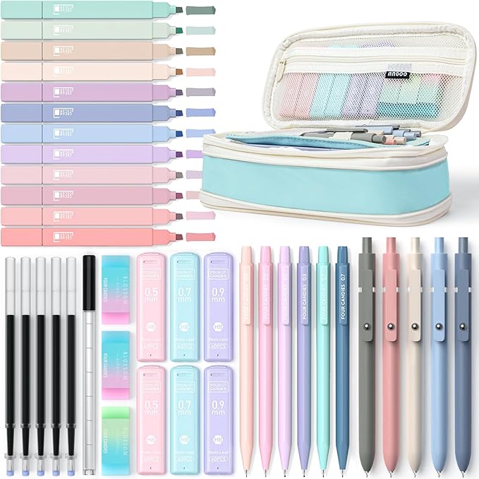 Four Candies 39 PCS Aesthetic School Supplies with Cute Pen Case, 12 Pastel Highlighters, 5 Black Ink Gel Pens, 6 Mechanical Pencils Set for Students Stationary College Essentials (Blue)