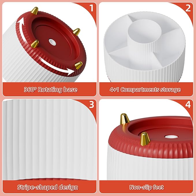 Marbrasse 360-Degree Rotating Pen Holder, Desk Organizer with 5 Compartments, Art Supply Storage Box Caddy for Office, Home (White+Red)