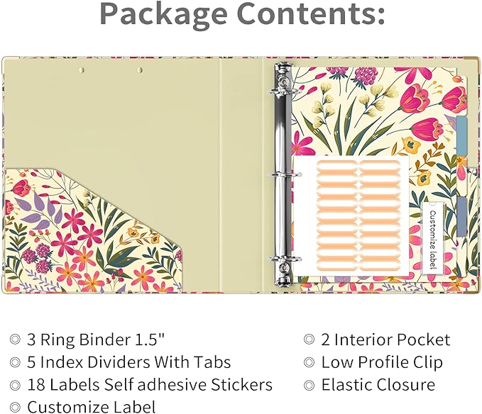 Ospelelf 3 Ring Binder, 1.5 Inch, Cute Floral Binder for Letter Size (11" x 8.5") with 5 Tab Dividers, File Folder Labels and Low Profile Clipboards