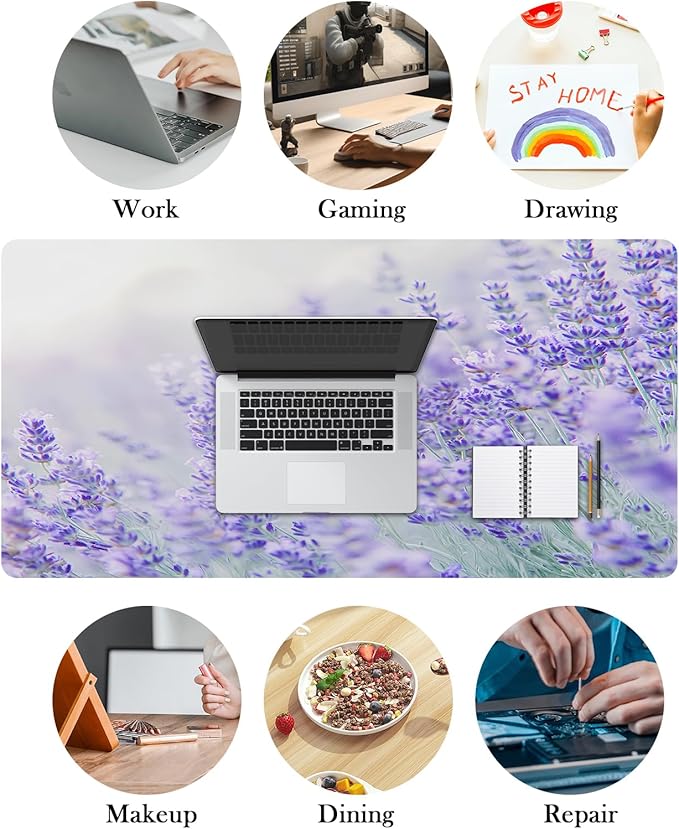 Mrcrypos Floral Large Mouse Pad Blooming Lavender Desk Mat for Desktop, Waterproof Desk Pad with Stitched Edges, Computer Keyboard Gaming Mouse Pads for Women Office Home 31.5" x 15.7"