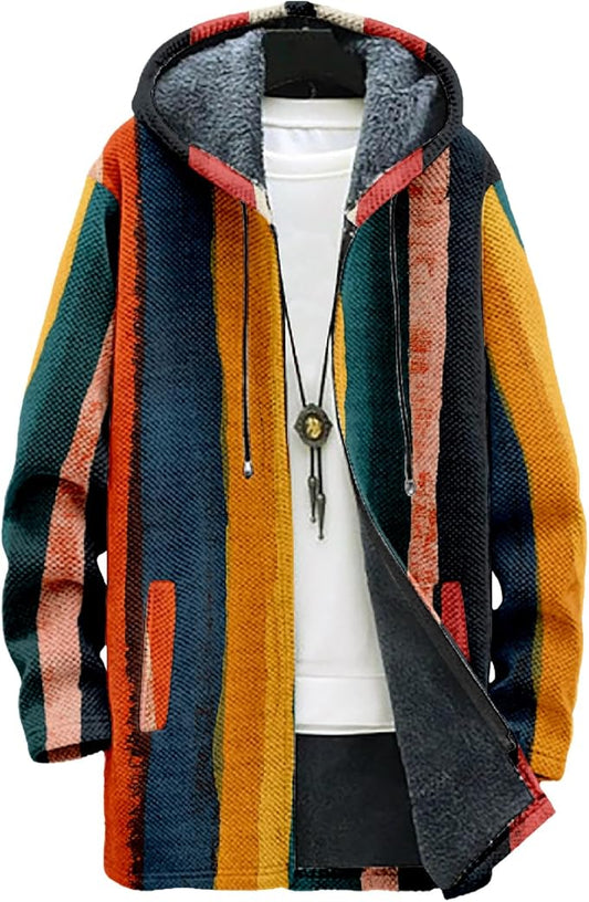 MARSVOVO Mens Cardigan Sweater Cool Graphic Lined Fleece Long Coat Zip With Pockets Fashion Coat Warm Fitted Jacket