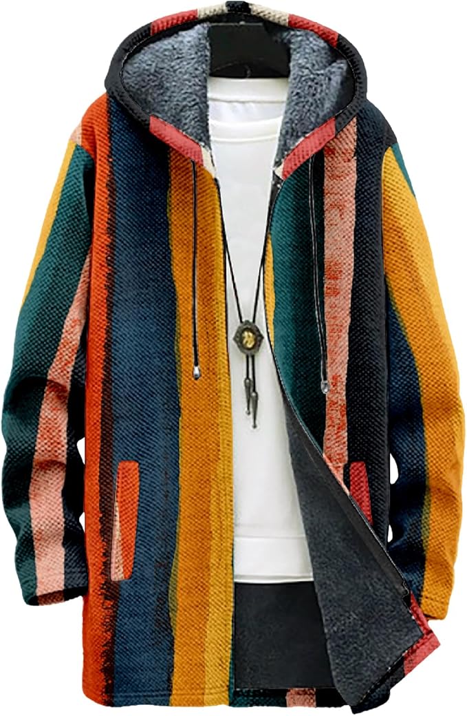 MARSVOVO Mens Cardigan Sweater Cool Graphic Lined Fleece Long Coat Zip With Pockets Fashion Coat Warm Fitted Jacket