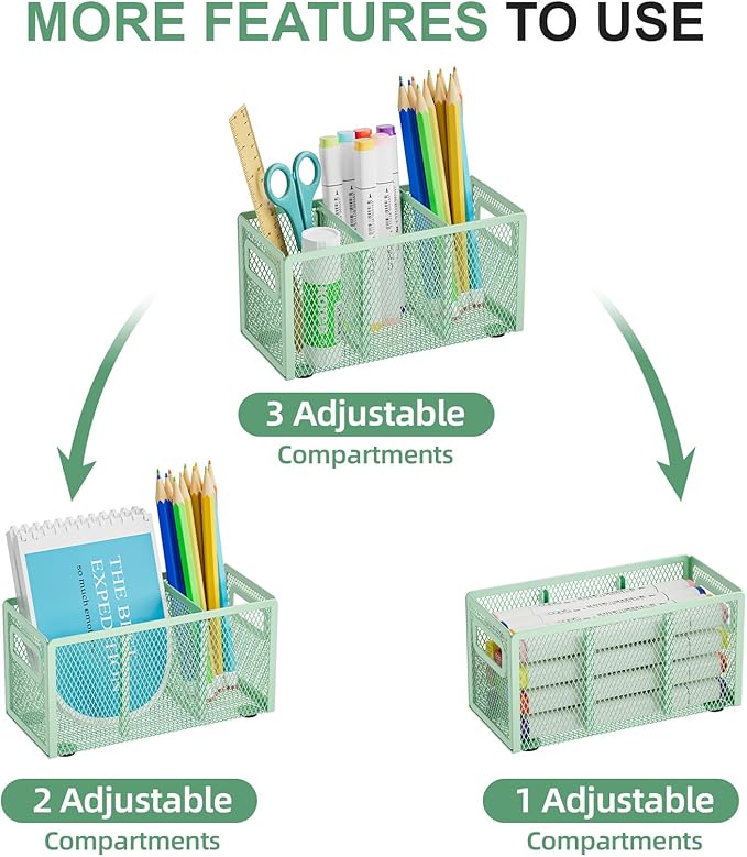 Marbrasse Mesh Pen Holder for Desk,Pencil Holder Desk Organizer 3 Adjustable Compartments,Pencil Cup with Handle Perfect for Classroom, Office, Home,Makeup,Art (Green)