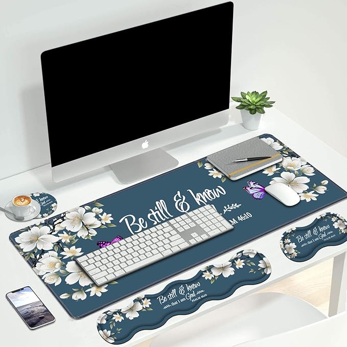 4 in 1 Ergonomic Keyboard Wrist Rest & Mouse Pad Wrist Rest Set,Large XXL Gaming Desk Mat 31.5"x 11.8" with Non-Slip Base,Memory Foam for Home Office Study Gaming,Floral Quote Bible Verse Psalm 46:10