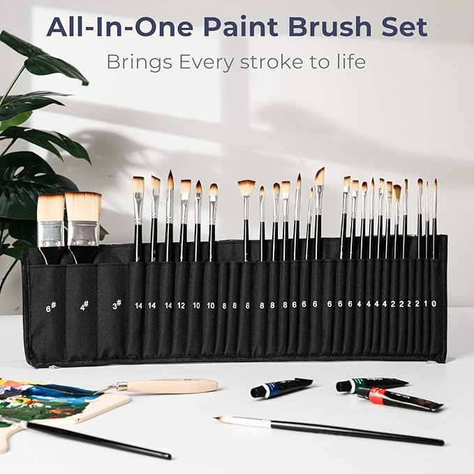 Nicpro 30pcs Paint Brush Set, Professional Paintbrushes with Paint Spatula and Cloth Roll, Craft Paint Brushes for Acrylic Painting, Oil, Watercolor, Gouache, Art Supplies for Artists and Beginners