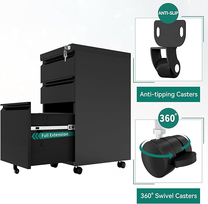 YITAHOME 3 Drawer File Cabinet with Lock, 20" Deep Office Vertical Files, Mobile Metal Filing Cabinet, Metal Vertical Filing Storage Cabinet for Letters/Legal/A4 Size,Black