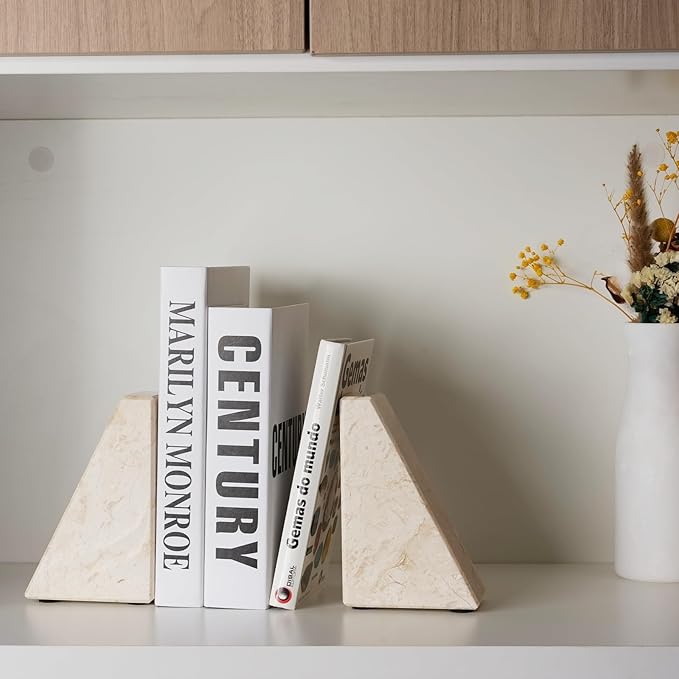 Marble Book Ends Decorative, Unique Bookends for Shelves, Bookends to Hold Heavy Books, Durable Book Holder Stopper for Home Office Desk Bookshelf Decoration, Turkey Natural Marble, Set of 2